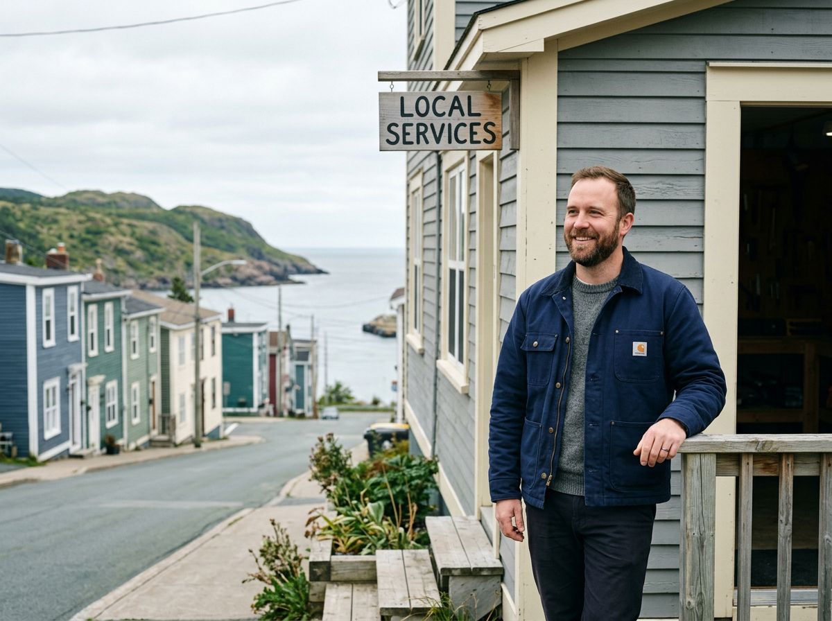 A local service business owner outside their Newfoundland workshop